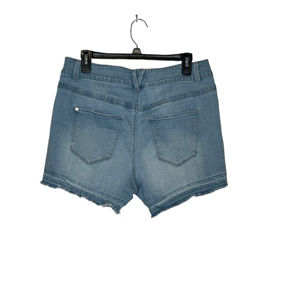 Forever 21 Women's  Denim Shorts High-Rise Distressed Raw‎ Hem Blue Wash Size 12 - Picture 7 of 7